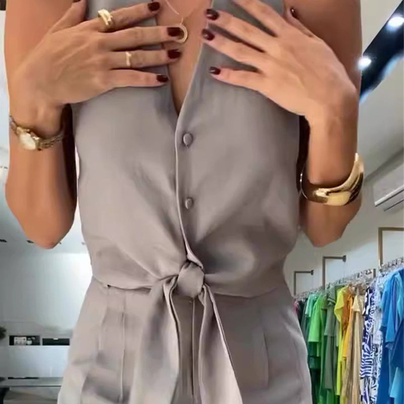 Ensemble de 2 dos nu sans manches et pantalon large à taille haute pour femmes