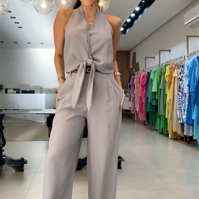 Ensemble de 2 dos nu sans manches et pantalon large à taille haute pour femmes