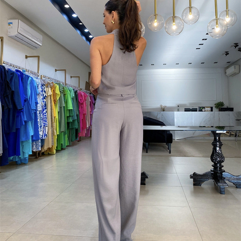 Ensemble de 2 dos nu sans manches et pantalon large à taille haute pour femmes
