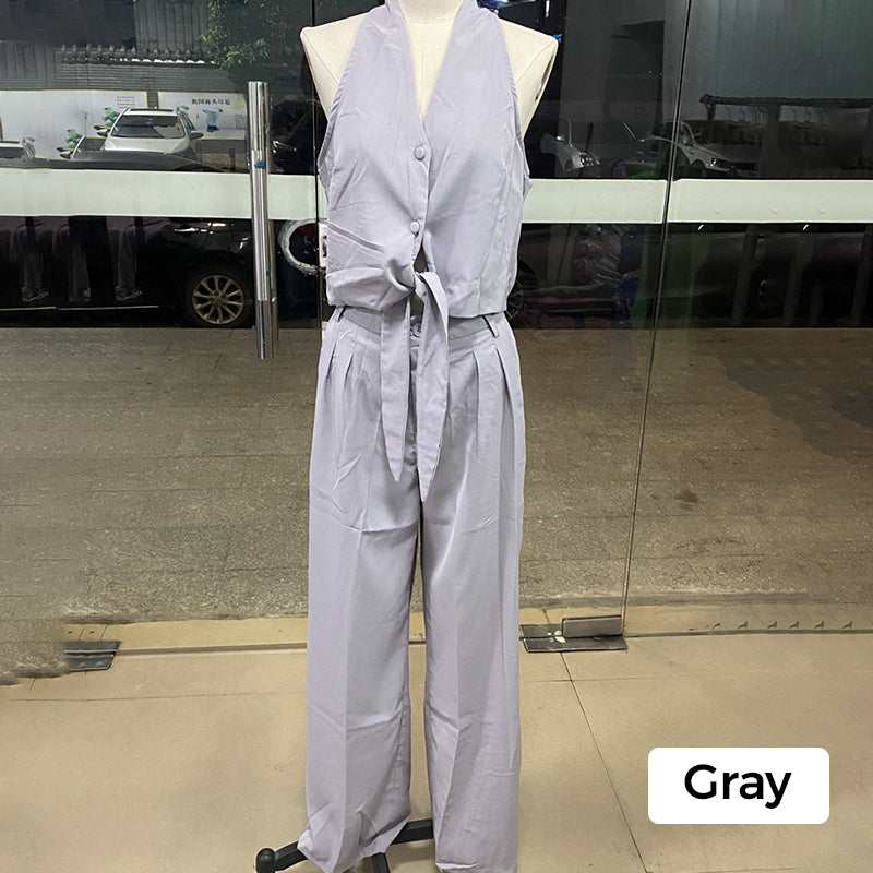 Ensemble de 2 dos nu sans manches et pantalon large à taille haute pour femmes