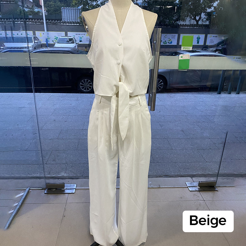 Ensemble de 2 dos nu sans manches et pantalon large à taille haute pour femmes