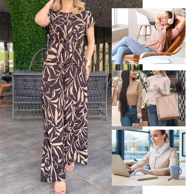Ensemble deux pièces : top imprimé et pantalon à jambes larges