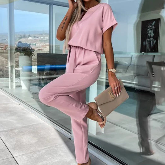 Combinaison Tendance à Manches Courtes à Col en V avec Taille à Nouer pour Femmes