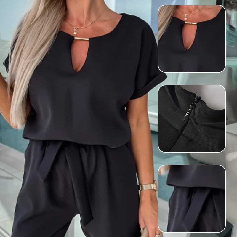 Combinaison Tendance à Manches Courtes à Col en V avec Taille à Nouer pour Femmes