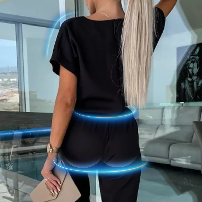 Combinaison Tendance à Manches Courtes à Col en V avec Taille à Nouer pour Femmes
