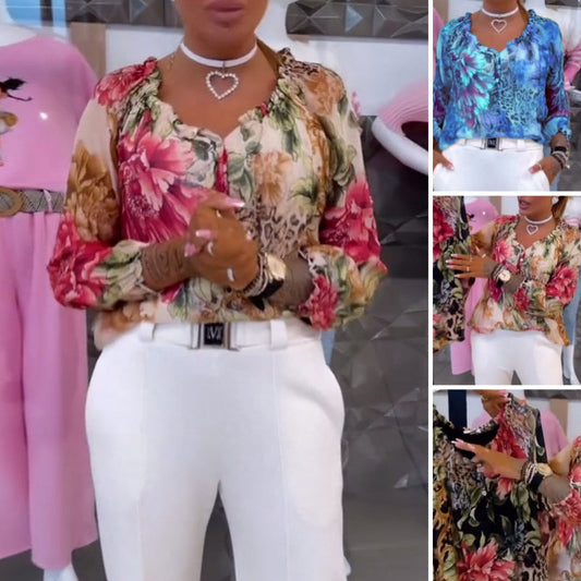 ⏰50% de réduction pour une durée limitée🔥Blouse vintage en mousseline de soie pour femme avec patchwork de fleurs et de léopard