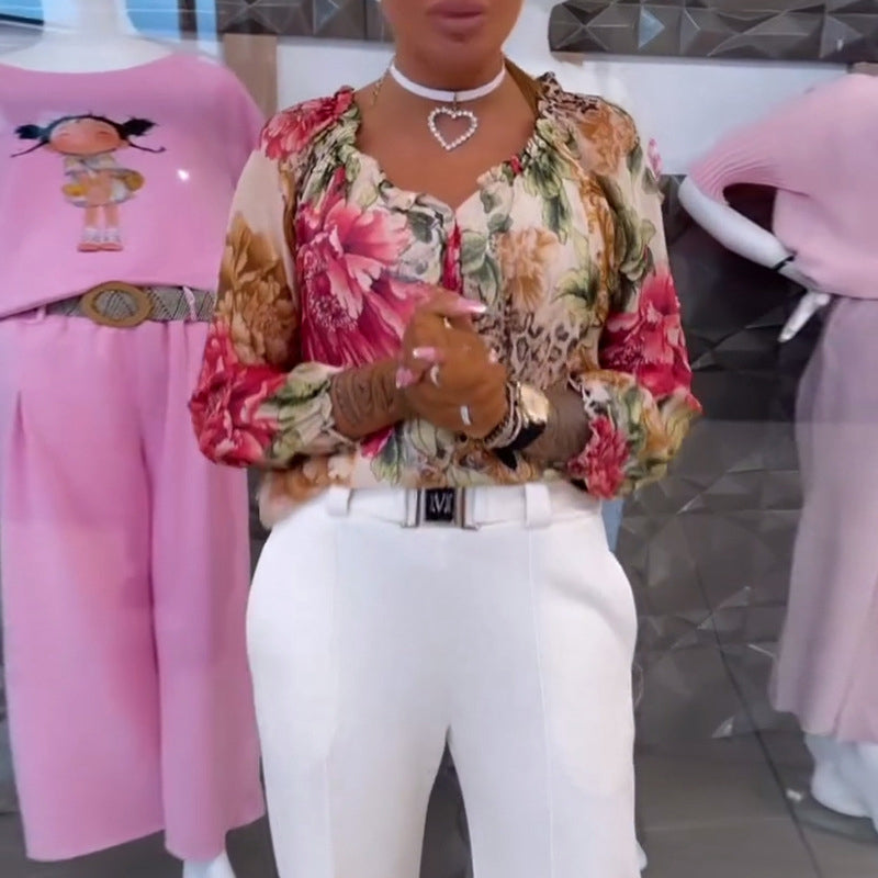 ⏰50% de réduction pour une durée limitée🔥Blouse vintage en mousseline de soie pour femme avec patchwork de fleurs et de léopard