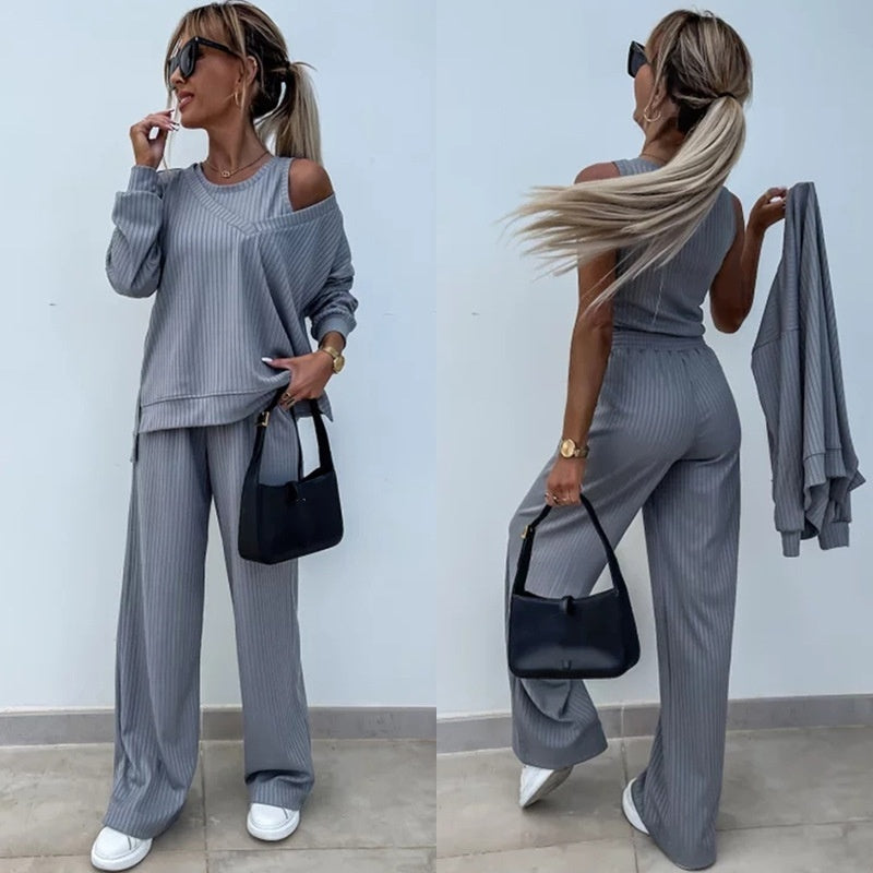 Ensemble 3 pièces de couleur unie pour femmes, haut à manches longues à col en V, gilet, pantalon