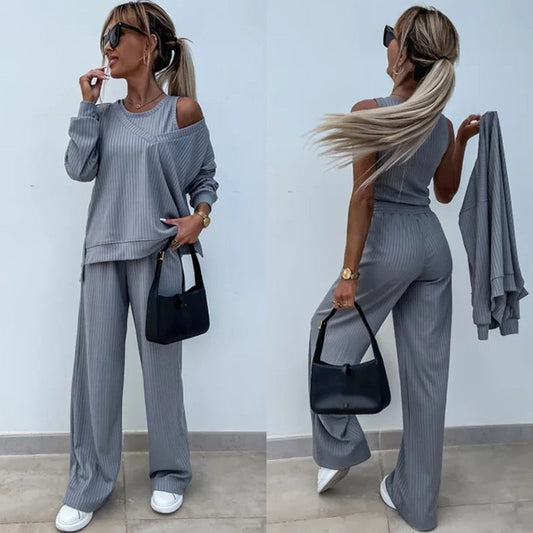 Ensemble 3 pièces de couleur unie pour femmes, haut à manches longues à col en V, gilet, pantalon