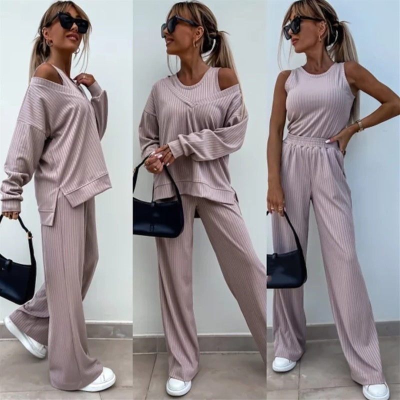 Ensemble 3 pièces de couleur unie pour femmes, haut à manches longues à col en V, gilet, pantalon
