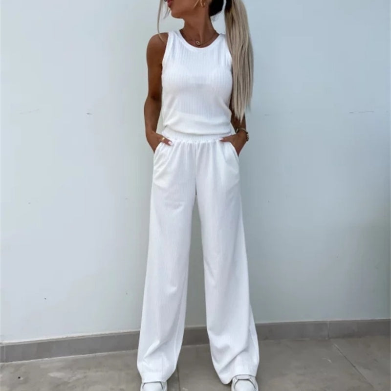 Ensemble 3 pièces de couleur unie pour femmes, haut à manches longues à col en V, gilet, pantalon