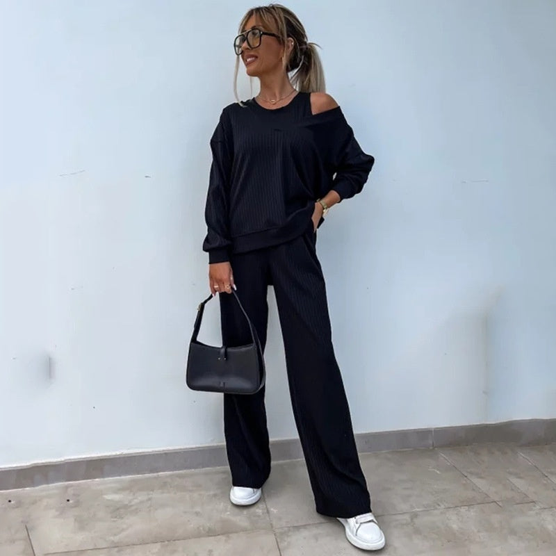 Ensemble 3 pièces de couleur unie pour femmes, haut à manches longues à col en V, gilet, pantalon