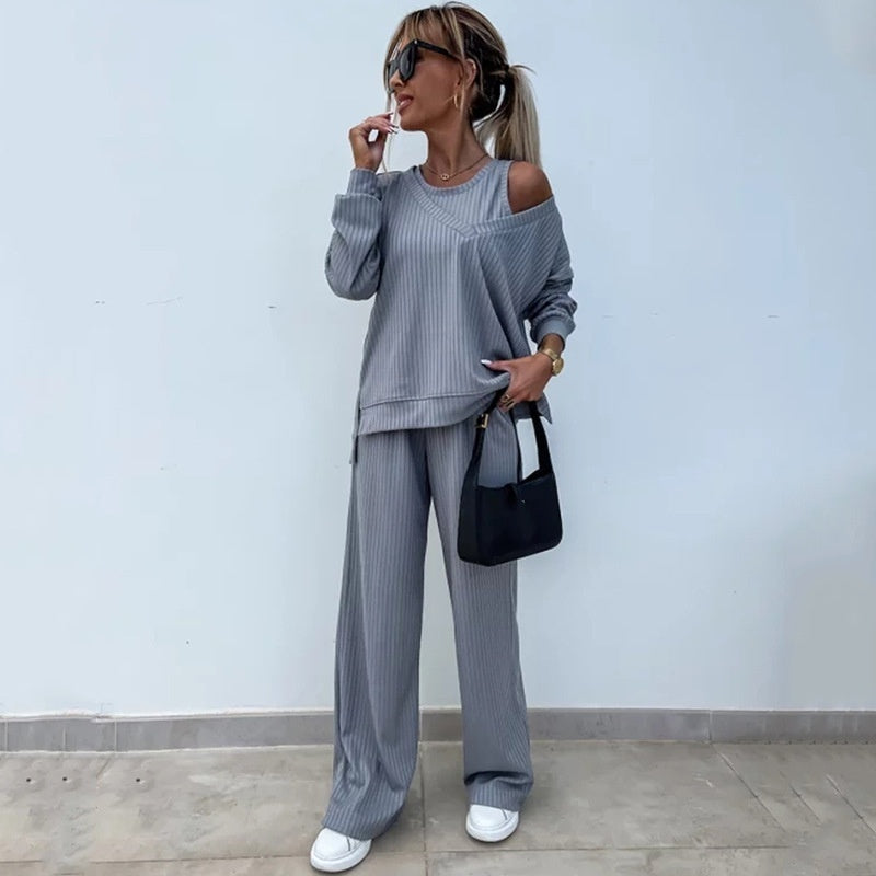 Ensemble 3 pièces de couleur unie pour femmes, haut à manches longues à col en V, gilet, pantalon