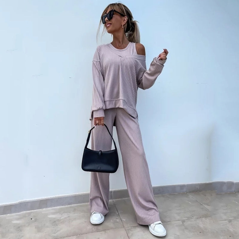 Ensemble 3 pièces de couleur unie pour femmes, haut à manches longues à col en V, gilet, pantalon