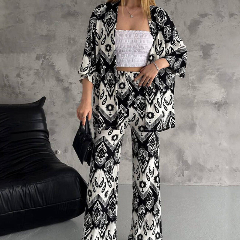 ⏰50% de réduction pour une durée limitée🔥 Ensemble deux pièces composé d'un cardigan imprimé à manches mi-longues et d'un pantalon tendance à jambes larges