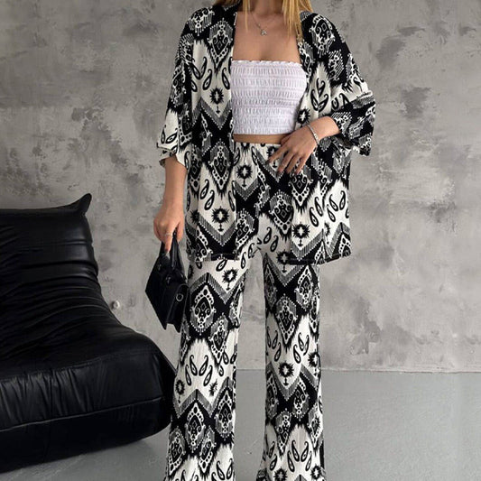 ⏰50% de réduction pour une durée limitée🔥 Ensemble deux pièces composé d'un cardigan imprimé à manches mi-longues et d'un pantalon tendance à jambes larges