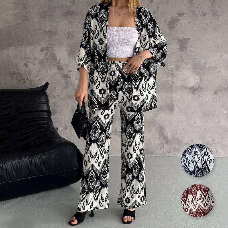 ⏰50% de réduction pour une durée limitée🔥 Ensemble deux pièces composé d'un cardigan imprimé à manches mi-longues et d'un pantalon tendance à jambes larges