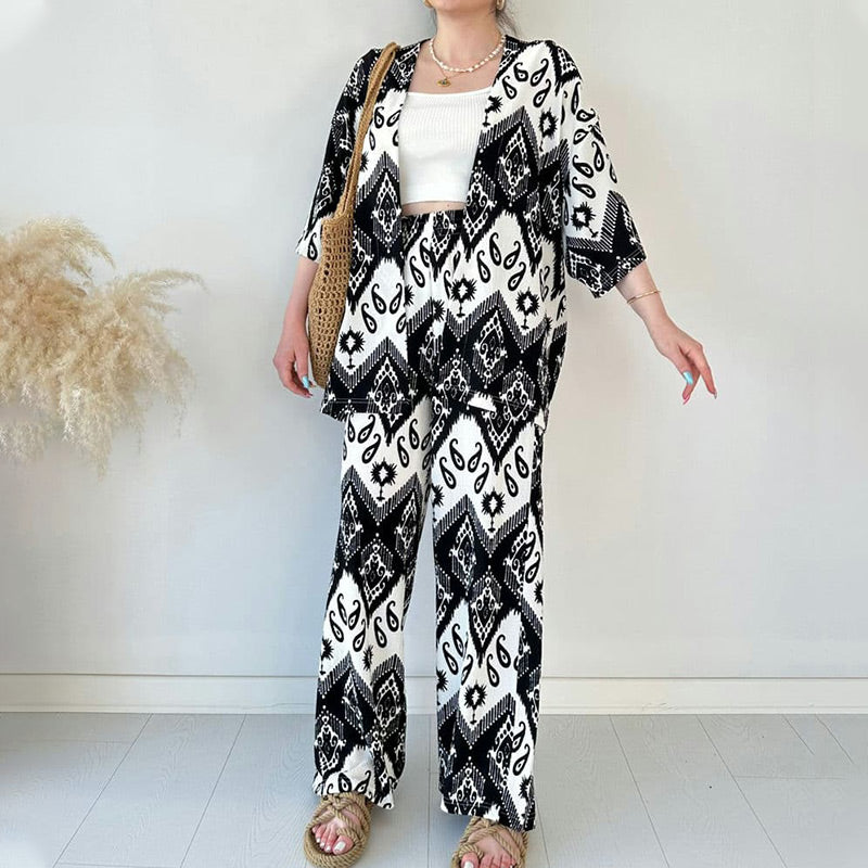 ⏰50% de réduction pour une durée limitée🔥 Ensemble deux pièces composé d'un cardigan imprimé à manches mi-longues et d'un pantalon tendance à jambes larges