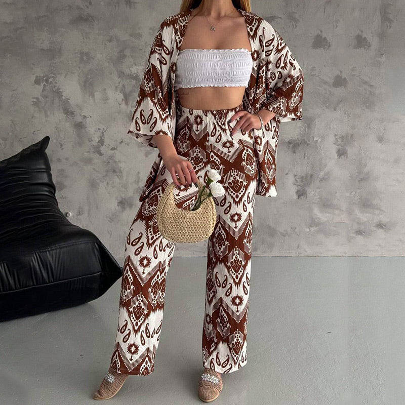 ⏰50% de réduction pour une durée limitée🔥 Ensemble deux pièces composé d'un cardigan imprimé à manches mi-longues et d'un pantalon tendance à jambes larges