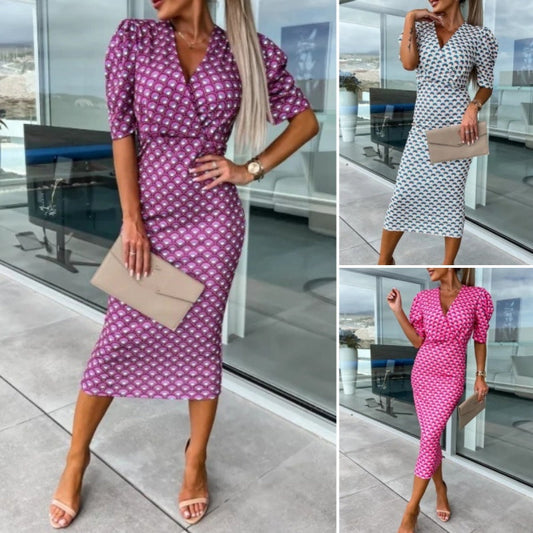 ⏰50% de réduction pour une durée limitée🔥Mode féminine Imprimé Bubble Sleeve V Neck Short Sleeve Waist Dresses