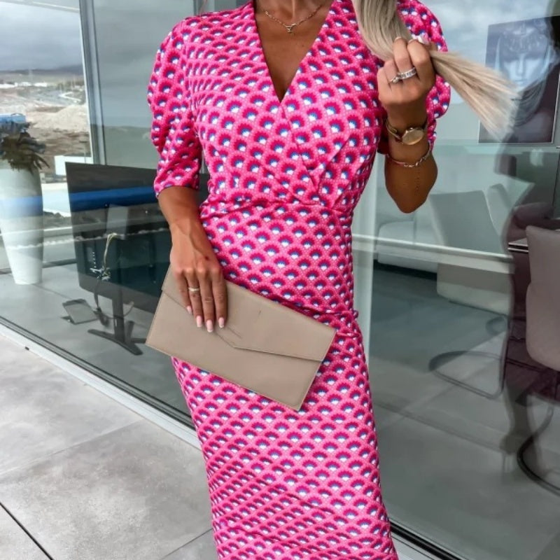 ⏰50% de réduction pour une durée limitée🔥Mode féminine Imprimé Bubble Sleeve V Neck Short Sleeve Waist Dresses