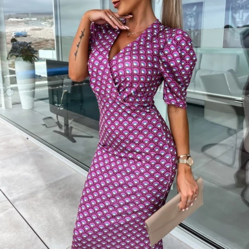 ⏰50% de réduction pour une durée limitée🔥Mode féminine Imprimé Bubble Sleeve V Neck Short Sleeve Waist Dresses