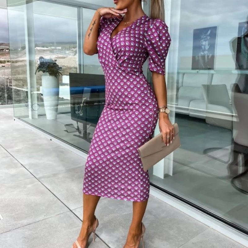 ⏰50% de réduction pour une durée limitée🔥Mode féminine Imprimé Bubble Sleeve V Neck Short Sleeve Waist Dresses