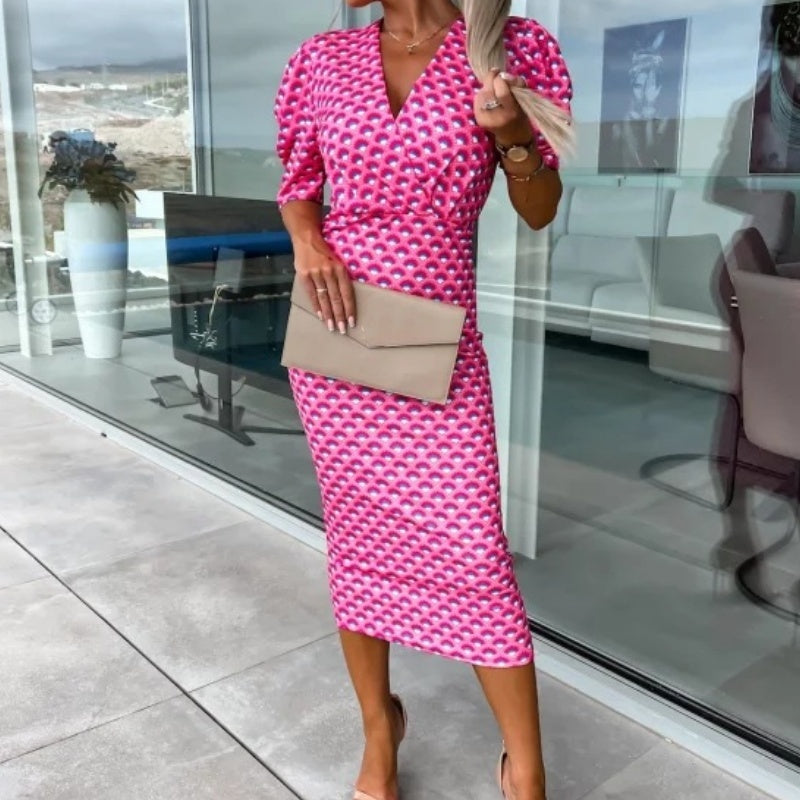 ⏰50% de réduction pour une durée limitée🔥Mode féminine Imprimé Bubble Sleeve V Neck Short Sleeve Waist Dresses