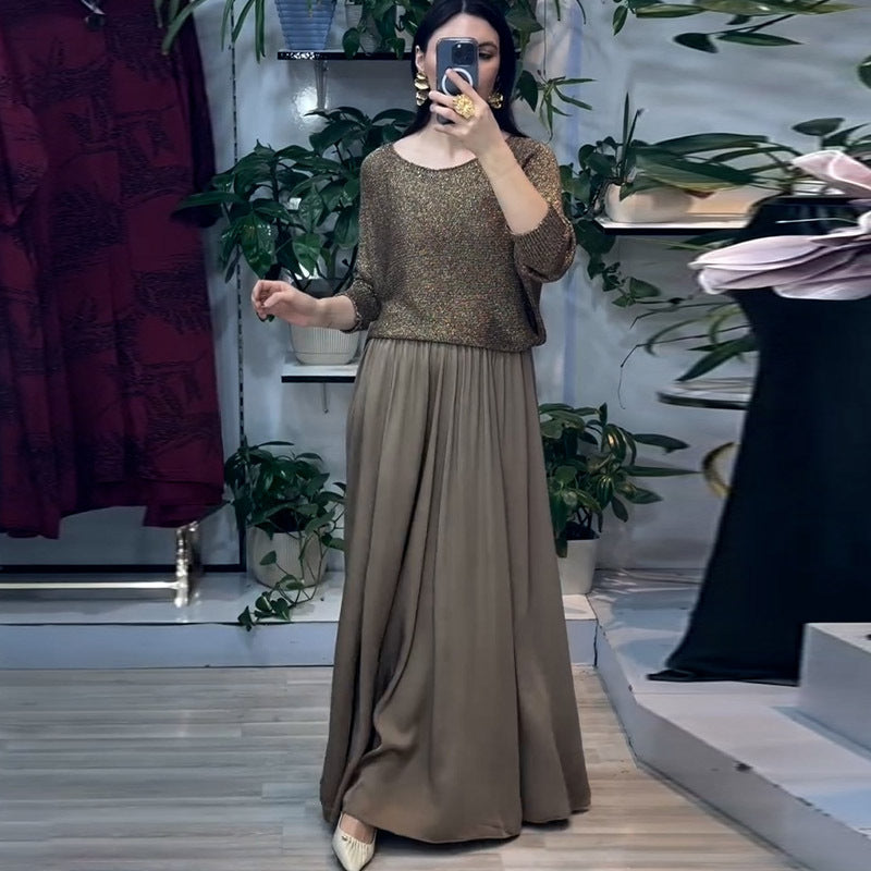 ⏰50% de réduction pour une durée limitée✨Ensemble 2 pièces jupe longue or pour femmes