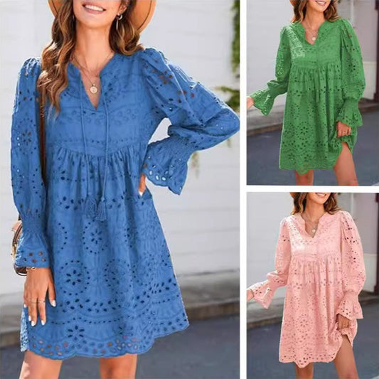 🌸50% de réduction pour une durée limitée🌸🌿Robe ajourée à lacets et col en V pour femme avec manches évasées