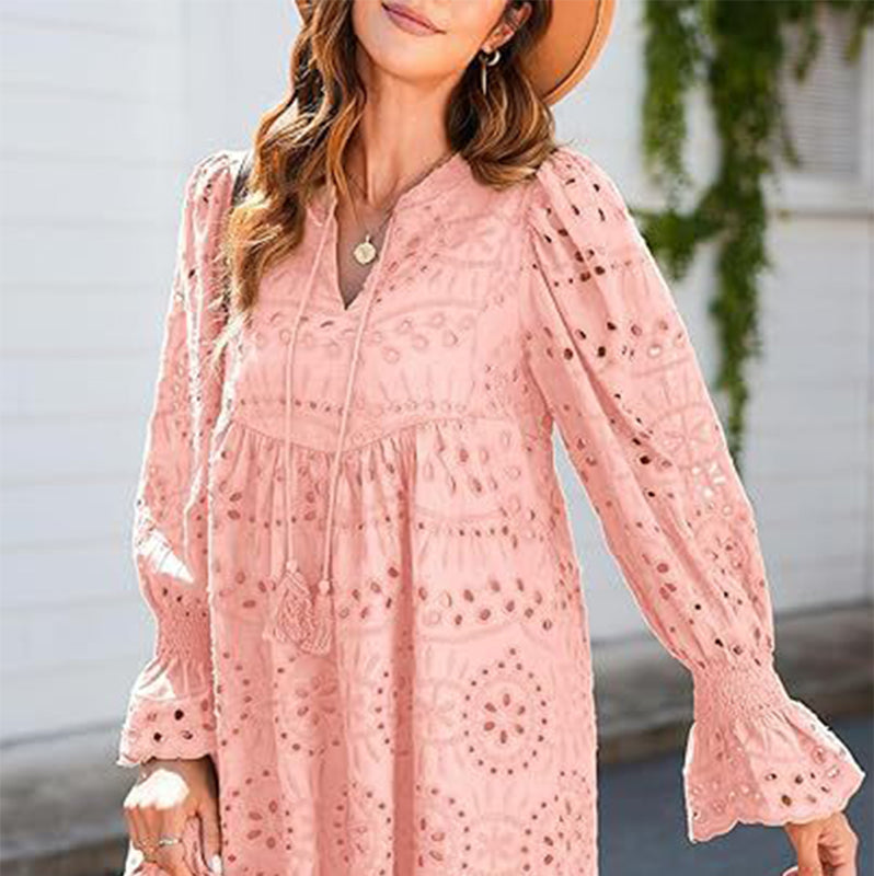 🌸50% de réduction pour une durée limitée🌸🌿Robe ajourée à lacets et col en V pour femme avec manches évasées