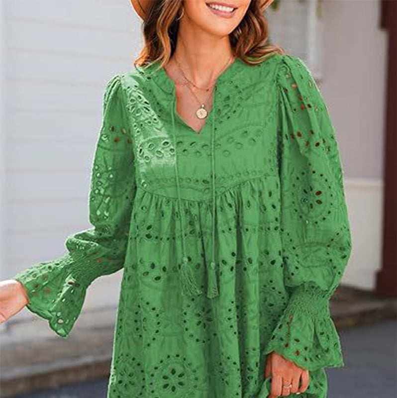 🌸50% de réduction pour une durée limitée🌸🌿Robe ajourée à lacets et col en V pour femme avec manches évasées