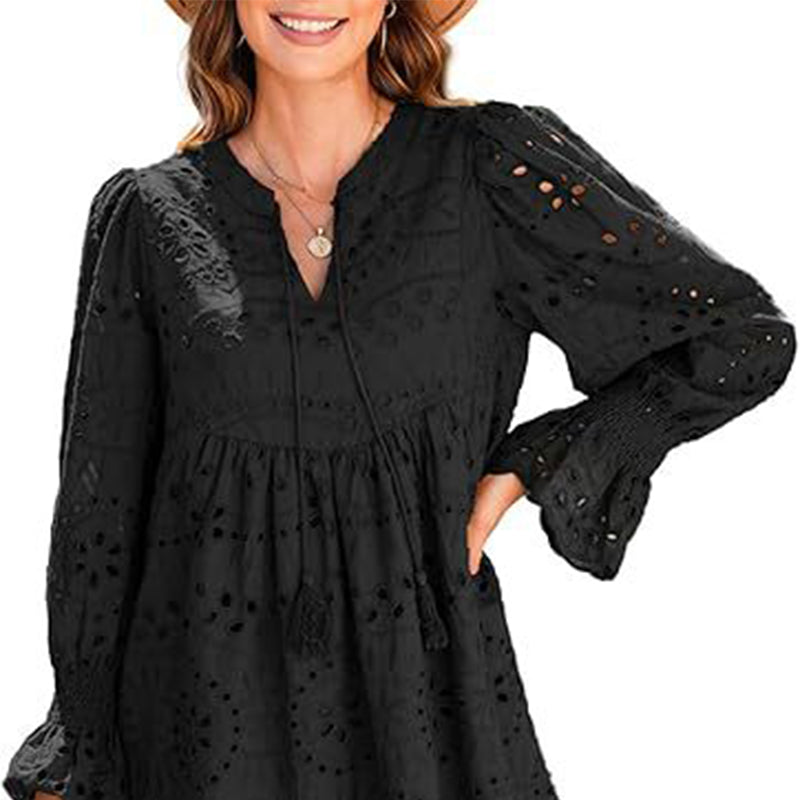 🌸50% de réduction pour une durée limitée🌸🌿Robe ajourée à lacets et col en V pour femme avec manches évasées