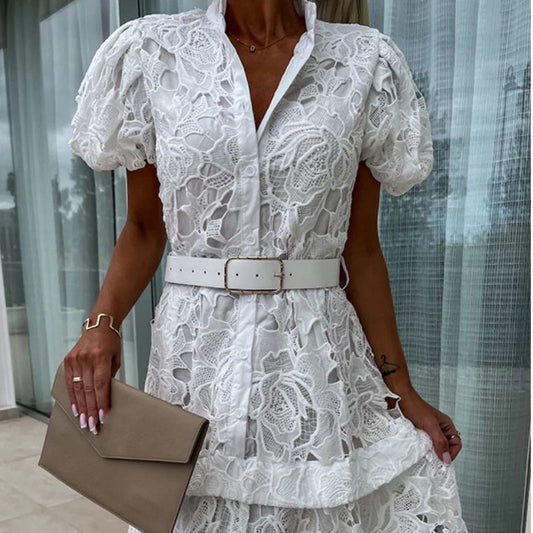 Robe rétro en dentelle évidée à manches courtes pour femme