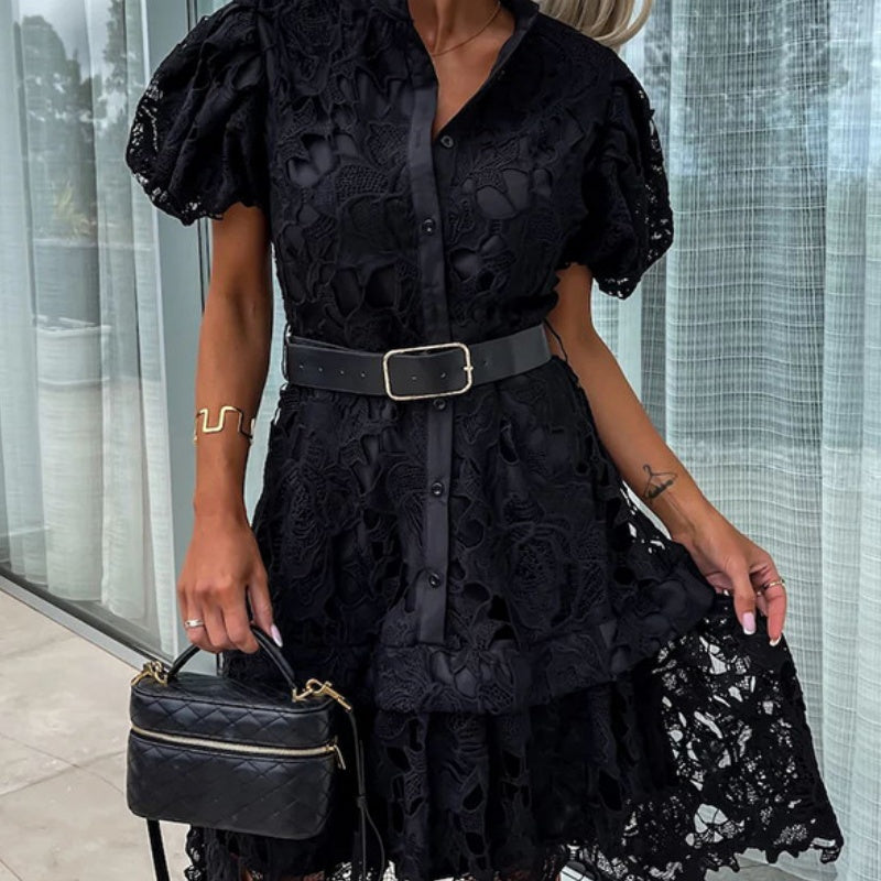Robe rétro en dentelle évidée à manches courtes pour femme