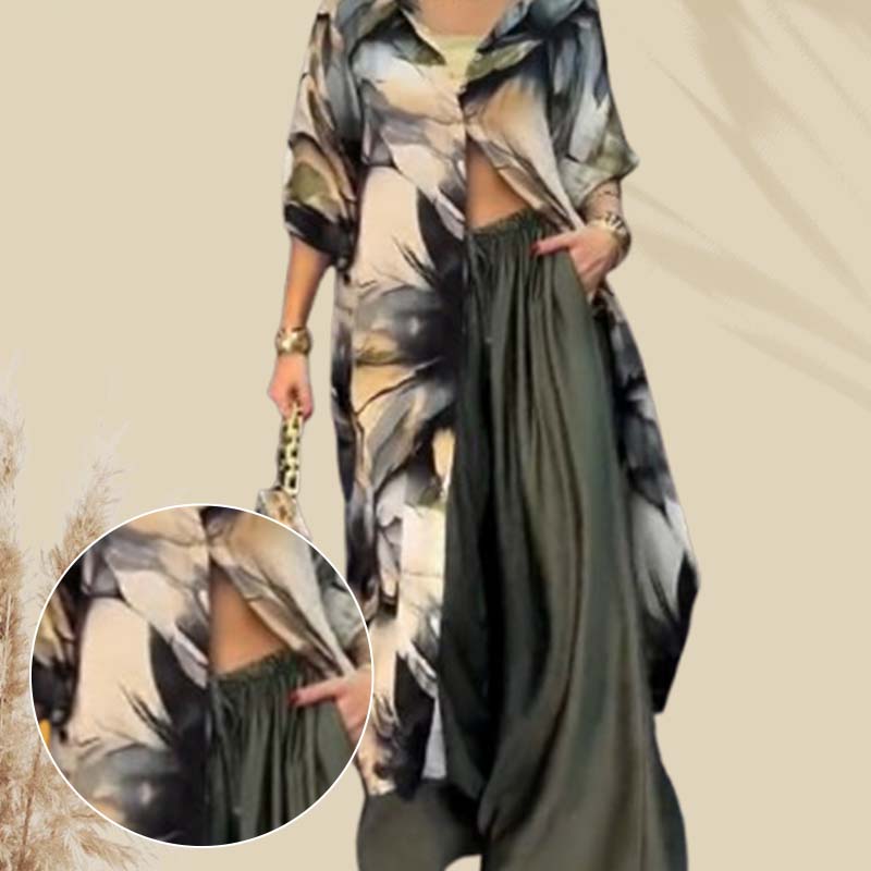 Ensemble deux pièces imprimé stylisé - Top long et pantalon large