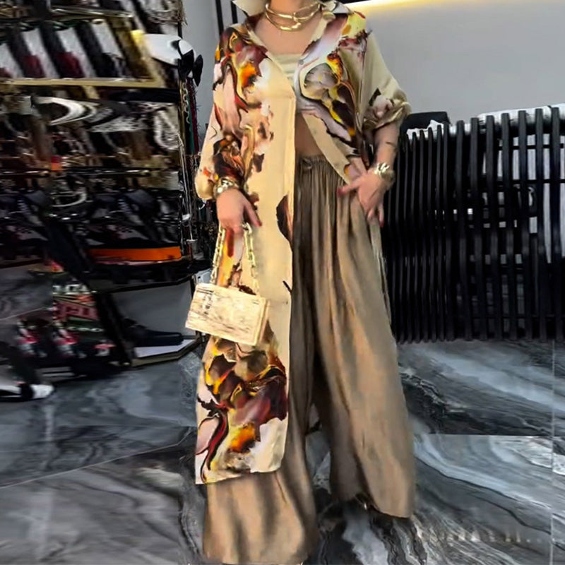 Ensemble deux pièces imprimé stylisé - Top long et pantalon large