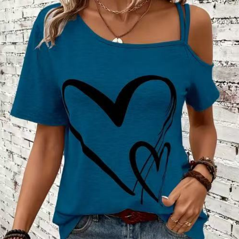 Top à manches courtes pour femmes, imprimé cœur, sans épaule