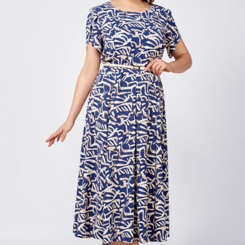 Femmes Tendance Bleu Imprimé Robe à manches courtes avec ceinture