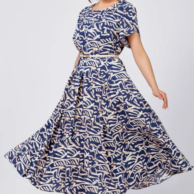 Femmes Tendance Bleu Imprimé Robe à manches courtes avec ceinture