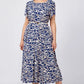 Femmes Tendance Bleu Imprimé Robe à manches courtes avec ceinture