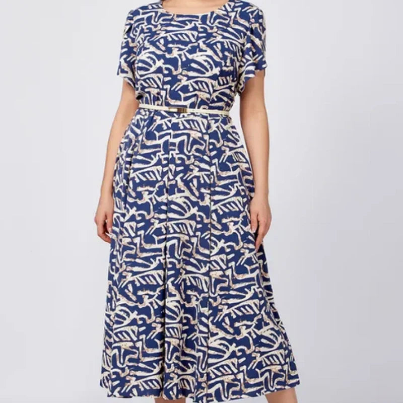 Femmes Tendance Bleu Imprimé Robe à manches courtes avec ceinture