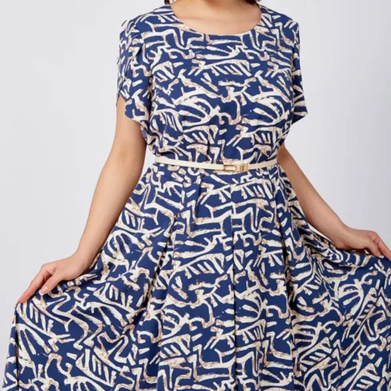 Femmes Tendance Bleu Imprimé Robe à manches courtes avec ceinture