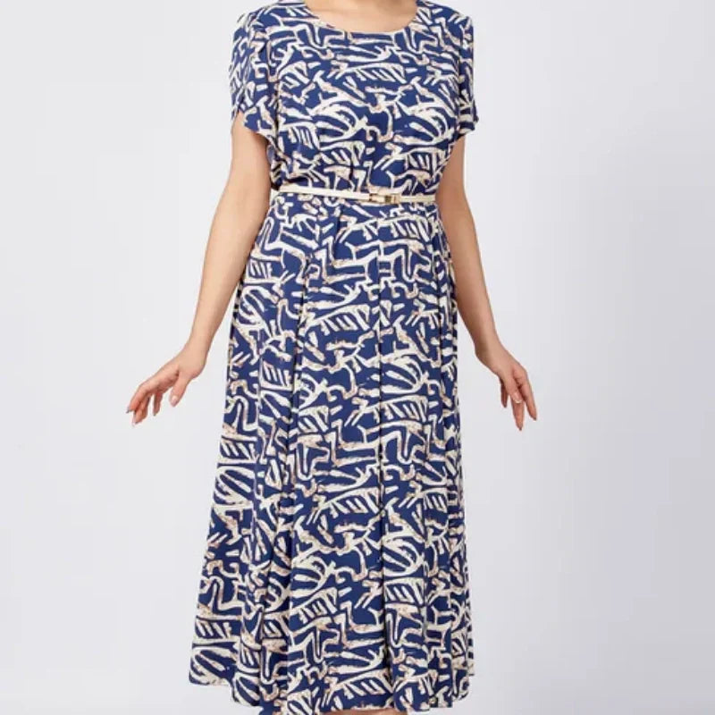 Femmes Tendance Bleu Imprimé Robe à manches courtes avec ceinture