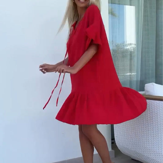 Robes courtes pour femmes à fleurs et manches courtes en couleurs unies