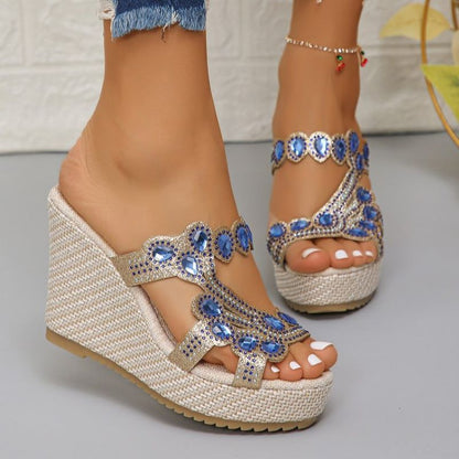 Sandales à semelles compensées antidérapantes de luxe avec strass pour femmes