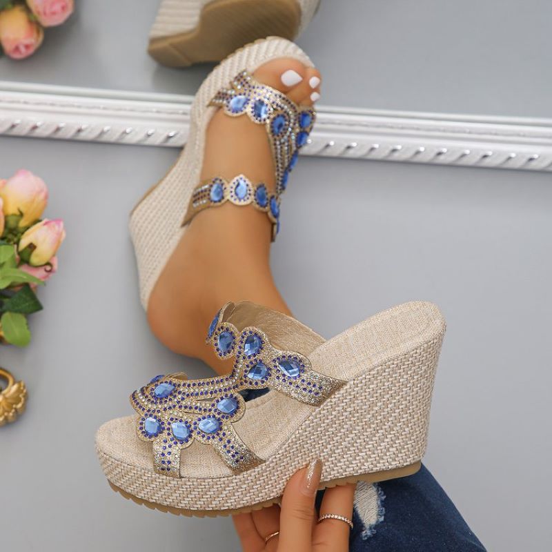 Sandales à semelles compensées antidérapantes de luxe avec strass pour femmes