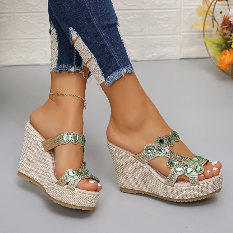 Sandales à semelles compensées antidérapantes de luxe avec strass pour femmes