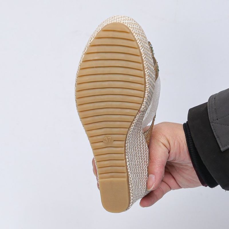Sandales à semelles compensées antidérapantes de luxe avec strass pour femmes