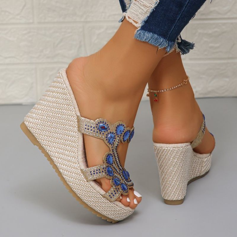 Sandales à semelles compensées antidérapantes de luxe avec strass pour femmes